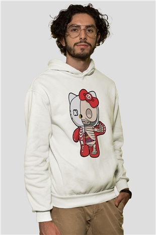Hello Kity Half Skeleton Baskılı Unisex Beyaz Hoodie