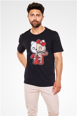 Hello Kity Half Skeleton Baskılı Unisex Siyah Tişört