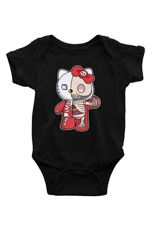 Hello Kity Half Skeleton Baskılı Unisex Siyah Bebek Body - Zıbın