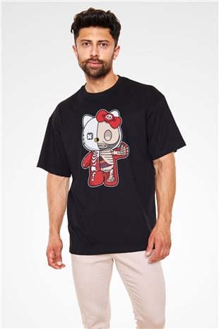 Hello Kity Half Skeleton Baskılı Unisex Siyah Oversize Tişört