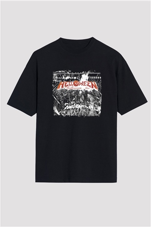 Helloween Baskılı Unisex Siyah Oversize Tişört