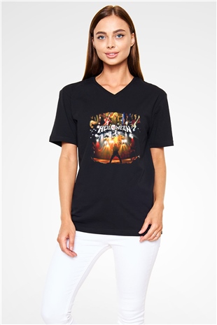 Helloween Baskılı Unisex Siyah V Yaka Tişört