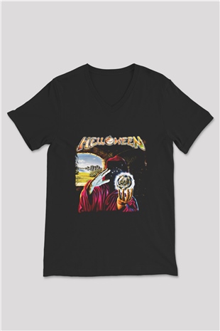 Helloween Baskılı Unisex Siyah V Yaka Tişört
