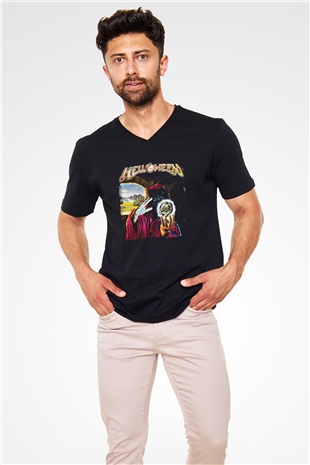 Helloween Baskılı Unisex Siyah V Yaka Tişört