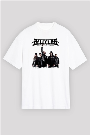 Hellyeah Baskılı Unisex Beyaz Oversize Tişört