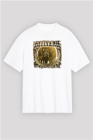 Hellyeah Baskılı Unisex Beyaz Oversize Tişört