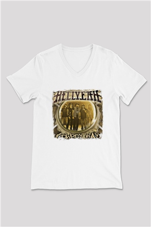 Hellyeah Baskılı Unisex Beyaz V Yaka Tişört