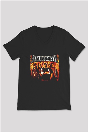Hellyeah Baskılı Unisex Siyah V Yaka Tişört