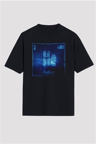 Helyum Atom Numarası Baskılı Unisex Siyah Oversize Tişört