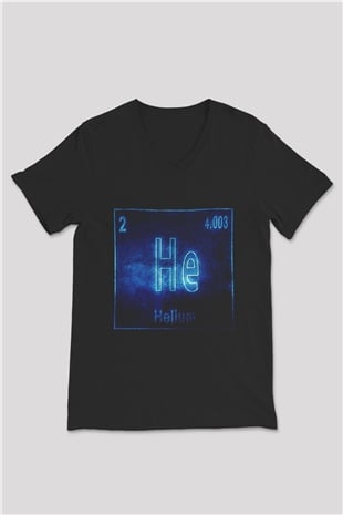 Helyum Atom Numarası Baskılı Unisex Siyah V Yaka Tişört
