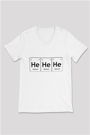 Helyum Elementi Hehehe Baskılı Unisex Beyaz V Yaka Tişört