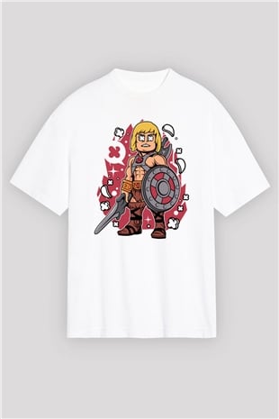 He-Man Baskılı Unisex Beyaz Oversize Tişört