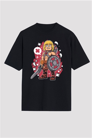 He-Man Baskılı Unisex Siyah Oversize Tişört