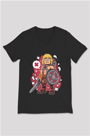 He-Man Baskılı Unisex Siyah V Yaka Tişört