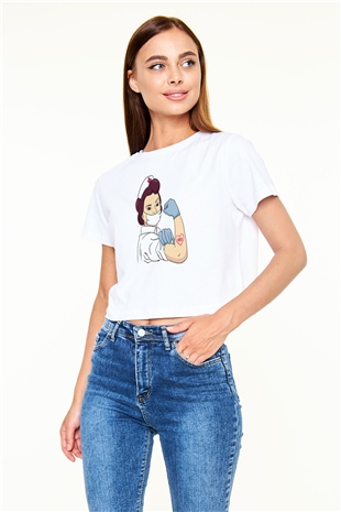 Hemşire Beyaz  Crop Top Tişört