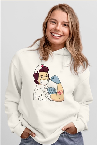 Hemşire Beyaz Unisex Kapüşonlu Sweatshirt