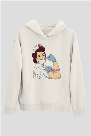 Hemşire Beyaz Unisex Kapüşonlu Sweatshirt