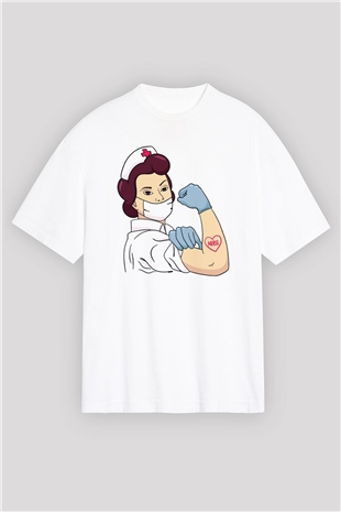 Hemşire Beyaz Oversize Tişört Oversize T-shirt - TişörtFabrikası