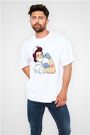 Hemşire Beyaz Oversize Tişört Oversize T-shirt - TişörtFabrikası