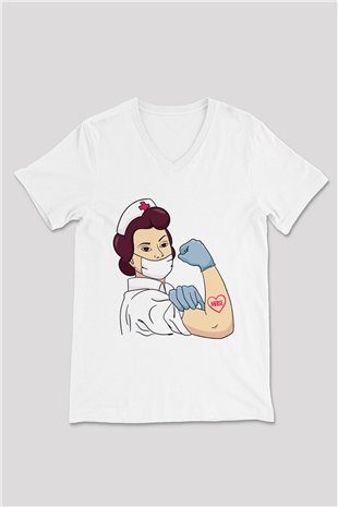 Hemşire Beyaz Unisex V Yaka Tişört