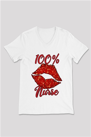 Hemşire Beyaz Unisex V Yaka Tişört