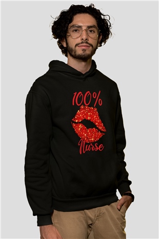 Hemşire Siyah Unisex Kapüşonlu Sweatshirt
