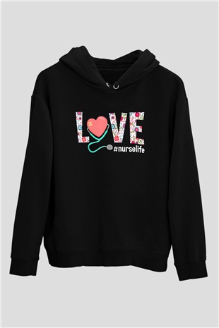 Hemşire Siyah Unisex Kapüşonlu Sweatshirt