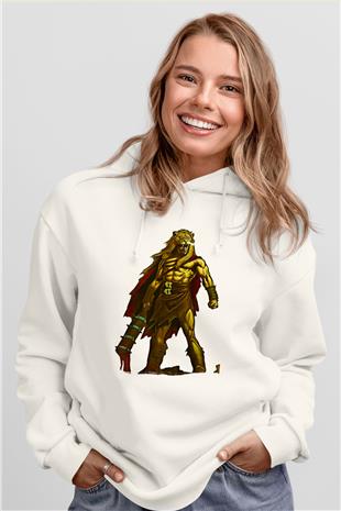 Herkül Baskılı Beyaz Unisex Hoodie