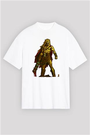 Herkül Baskılı Beyaz Unisex Oversize Tişört - Tshirt