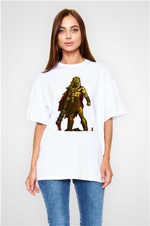 Herkül Baskılı Beyaz Unisex Oversize Tişört - Tshirt