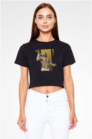 Herkül Baskılı Siyah Crop Top Kadın Tişört - Tshirt