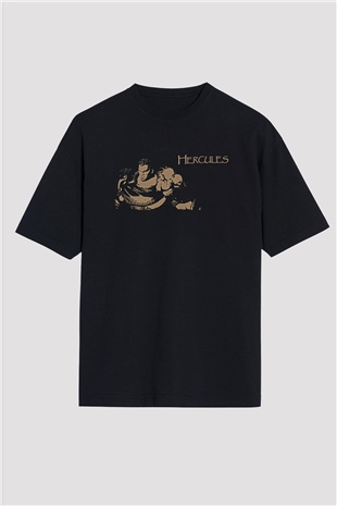 Herkül Baskılı Unisex Siyah Oversize Tişört - Tshirt