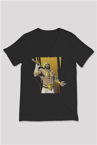 Herkül Baskılı Unisex Siyah V Yaka Tişört - Tshirt