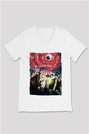 Heroes Beyaz Unisex V Yaka Tişört
