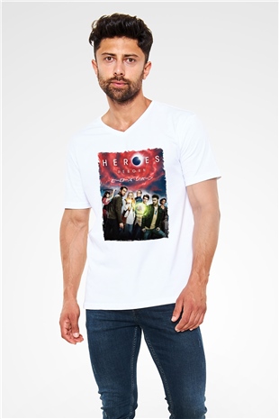 Heroes Beyaz Unisex V Yaka Tişört