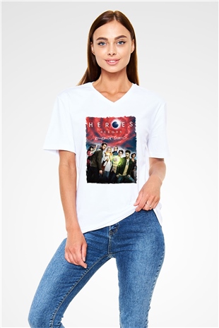 Heroes Beyaz Unisex V Yaka Tişört