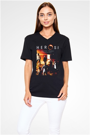 Heroes Siyah Unisex V Yaka Tişört