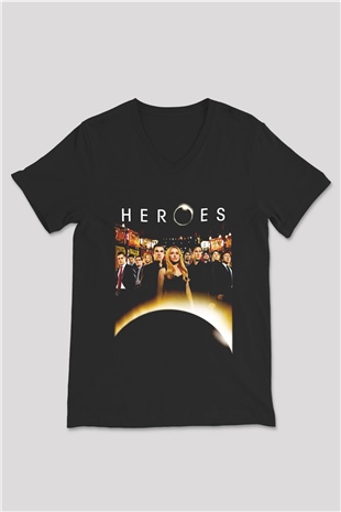 Heroes Siyah Unisex V Yaka Tişört T-Shirt