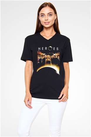 Heroes Siyah Unisex V Yaka Tişört T-Shirt
