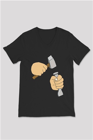 Heykeltıraş Siyah Unisex V Yaka Tişört