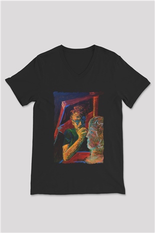 Heykeltıraş Siyah Unisex V Yaka Tişört