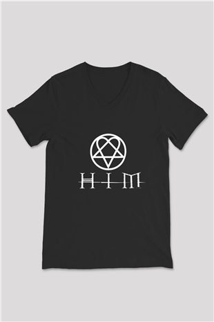 HIM Siyah Unisex V Yaka Tişört T-Shirt