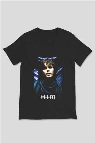 HIM Siyah Unisex V Yaka Tişört T-Shirt