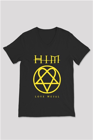 HIM Siyah Unisex V Yaka Tişört T-Shirt