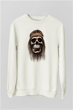 Hippi Kurukafa Baskılı Unisex Beyaz  Sweatshirt