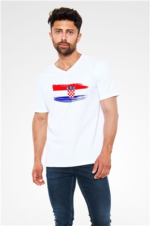 Hırvatistan Beyaz Unisex V Yaka Tişört T-Shirt