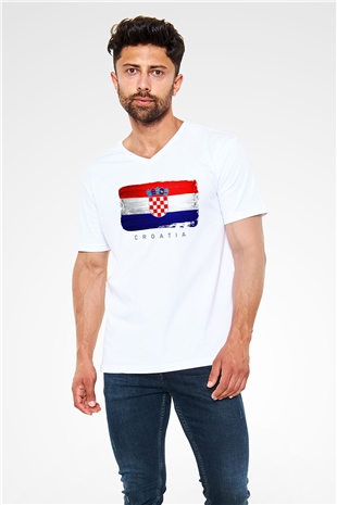 Hırvatistan Beyaz Unisex V Yaka Tişört