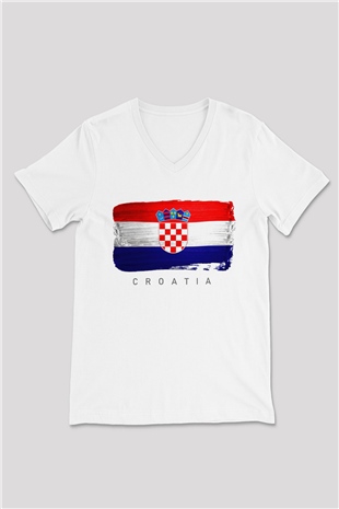 Hırvatistan Beyaz Unisex V Yaka Tişört
