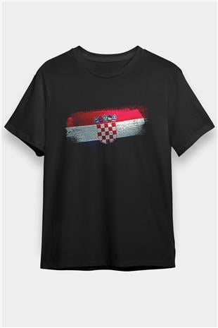 Hırvatistan - Croatia Bayrağı Baskılı Unisex Siyah Tişört