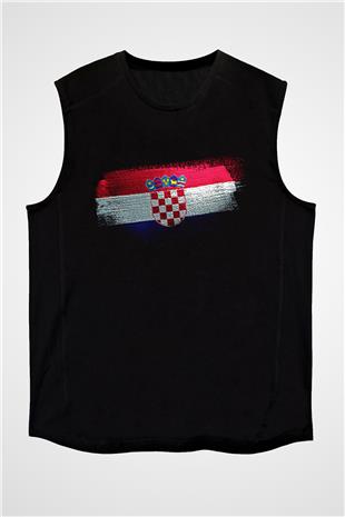 Hırvatistan - Croatia Bayrağı Baskılı Unisex Siyah Kolsuz Tişört